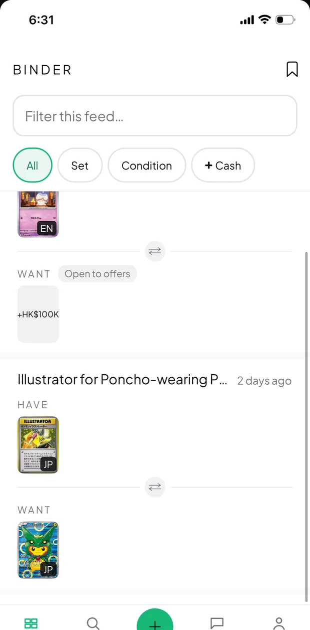 Bindy browse screen: a feed of listings, each showing the card the trader has and the card they want, with filters for set, condition and cash.
