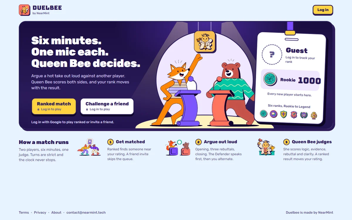 Duelbee on desktop: the headline Six minutes. One mic each. Queen Bee decides., a fox and a bear debating at podiums, a guest rank card at Rookie 1000, and the three steps of a match.