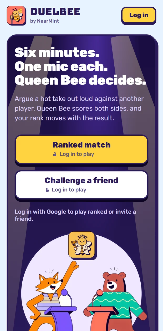 Duelbee on a phone: Ranked match and Challenge a friend buttons, with a note to log in with Google to play.