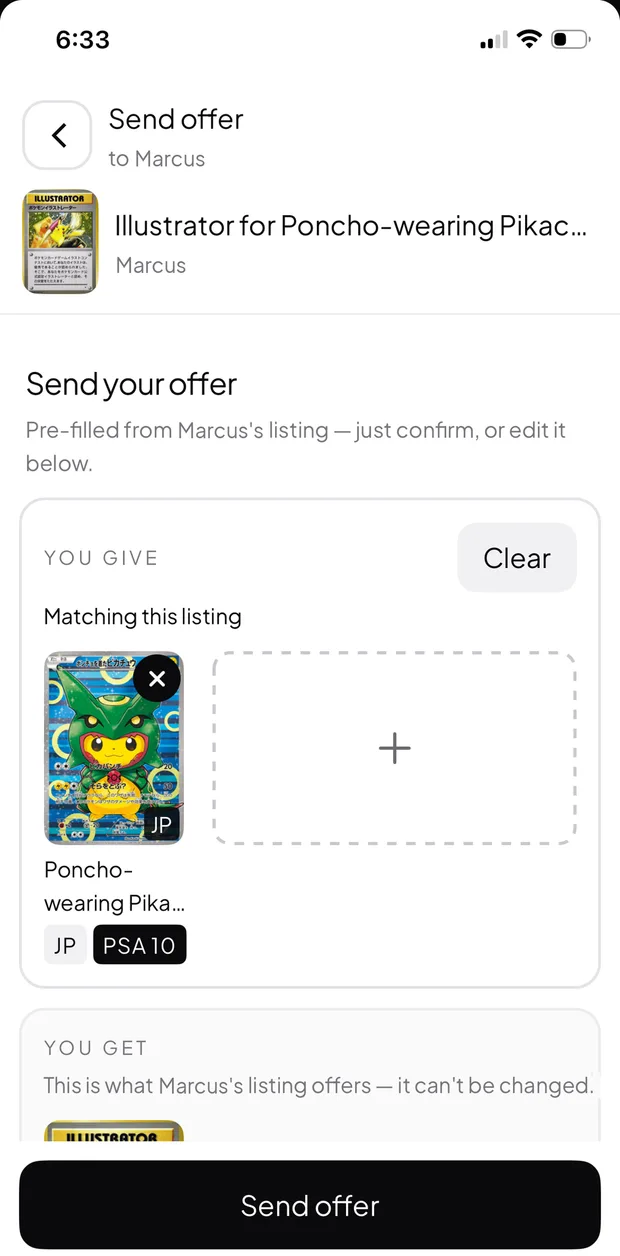 Bindy send-offer screen: the offer is pre-filled from the listing, with a You give card graded PSA 10 and a You get section below.
