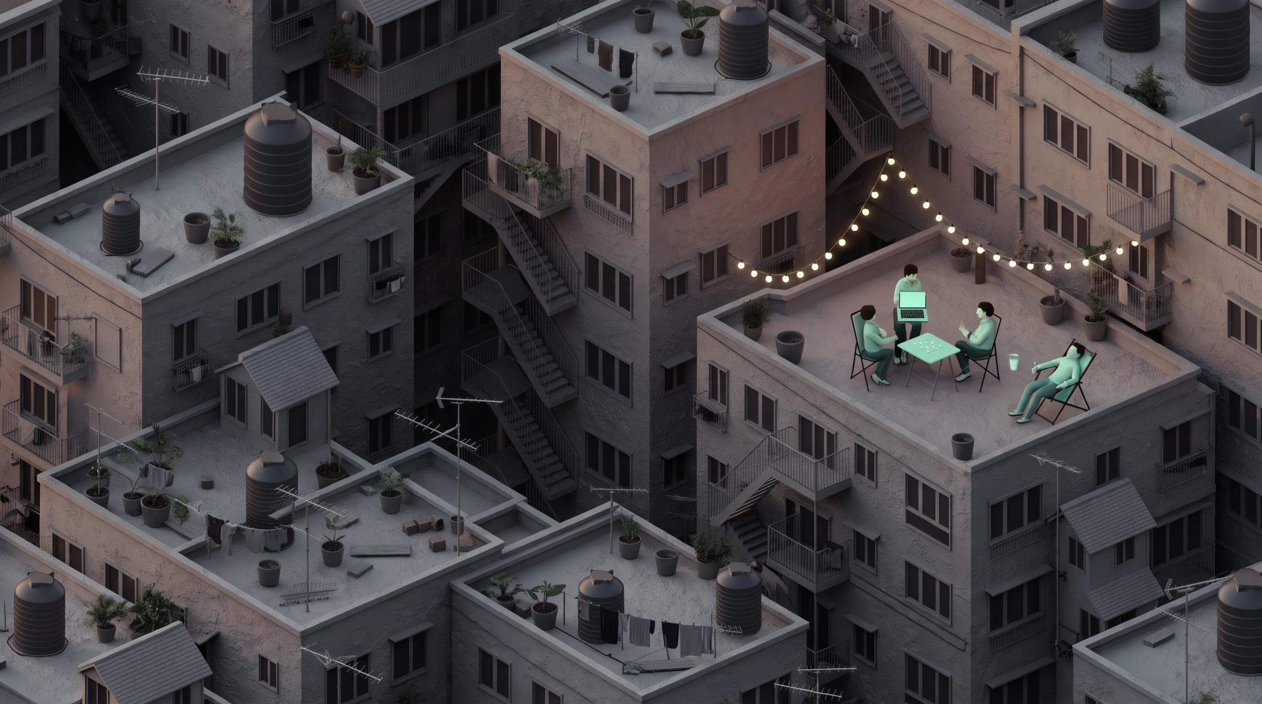 Miniature Hong Kong rooftops at dusk; on one rooftop three people work around a laptop under string lights while a fourth relaxes in a deck chair with a drink.