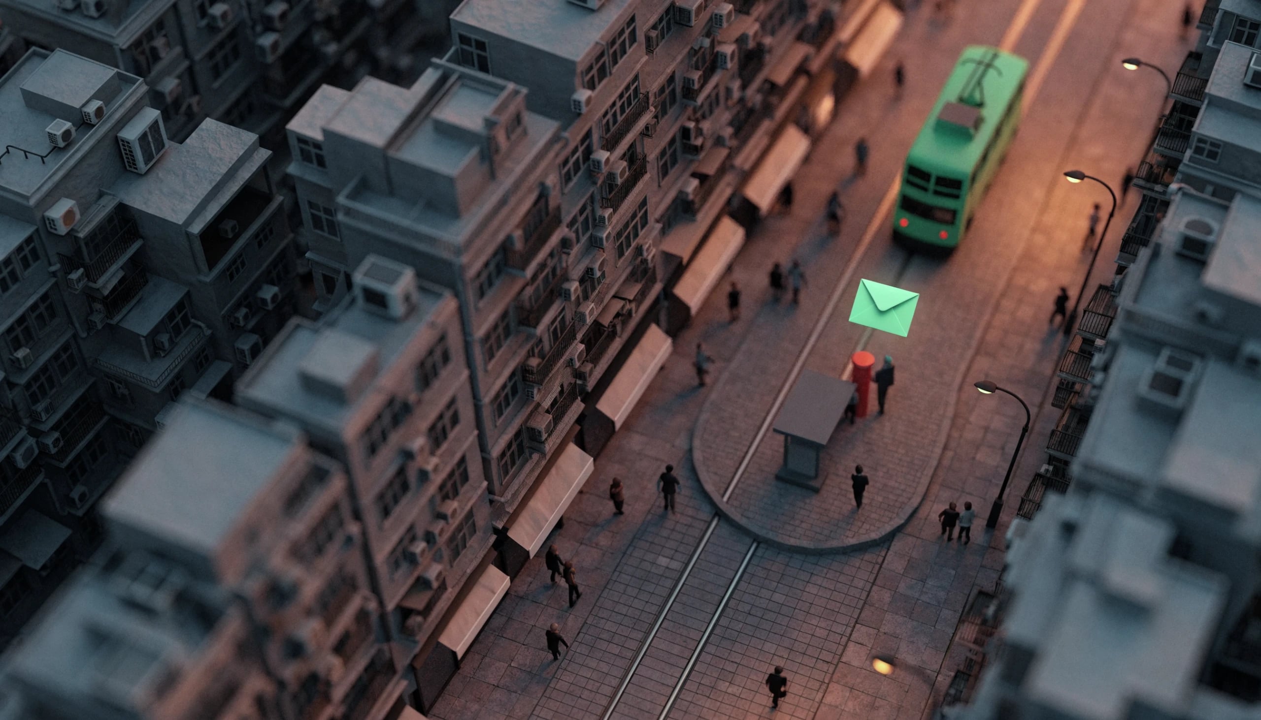A miniature Hong Kong tram street at dusk with a green double-decker tram, a tram stop, a red post box and a glowing mint envelope floating above it.
